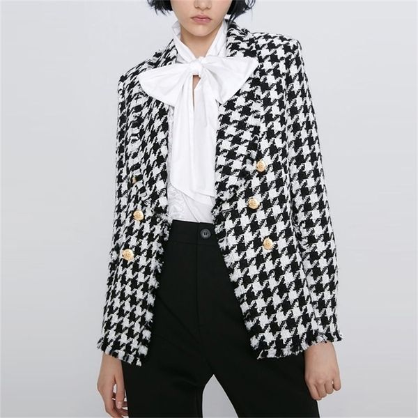 

vintage double breasted houndstooth tweed blazers coat women fashion tassel plaid ladies outerwear casual casaco femme y201026, White;black