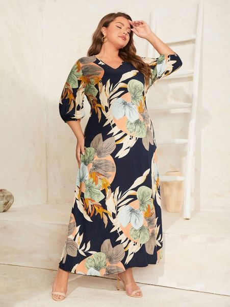 

plus tropical print lantern sleeve tunic dress 80g1#, Black