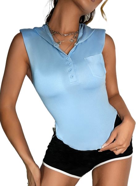 

lettuce trim patched pocket half button hooded tank j7pt#, White