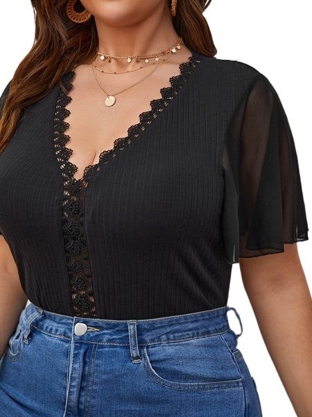 

plus guipure lace panel butterfly sleeve tee h2ut#, Black