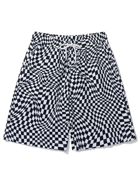 

men checkerboard print drawstring waist shorts g2nl#, White;black