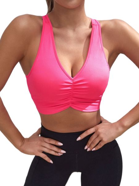 

solid ruched bust breathable softness sports bra 22wy#, Gray