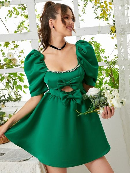 

bow front cutout rhinestone detail satin dress f35d#, Black;gray