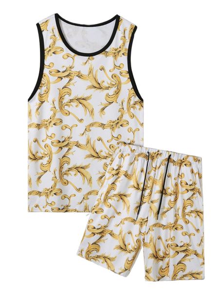 

men baroque print contrast binding tank & shorts t086#, Gray