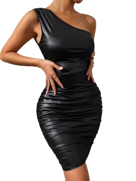 

one shoulder ruched bodycon dress e6eh#, Black;gray