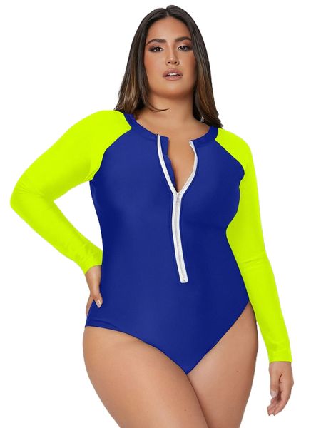 

plus two tone raglan sleeve half zip one piece swimsuit n55k#, White;black