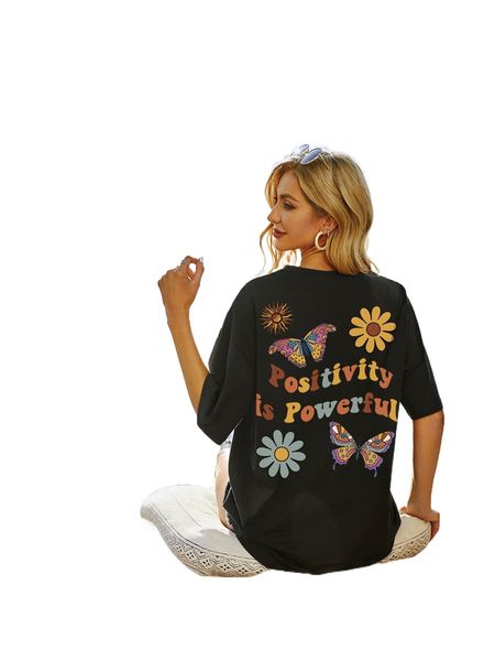 

slogan & floral print drop shoulder tee i3ah#, White