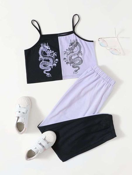

girls' chinese dragon short suspender and sweatpants she, White