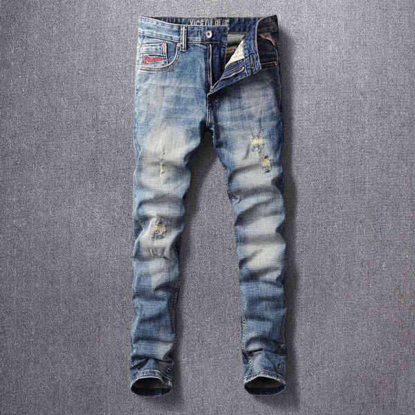 

men's jeans distressed summer style hole patch jeans men's fashion beggar wash slim fit leggings lqo5, Blue