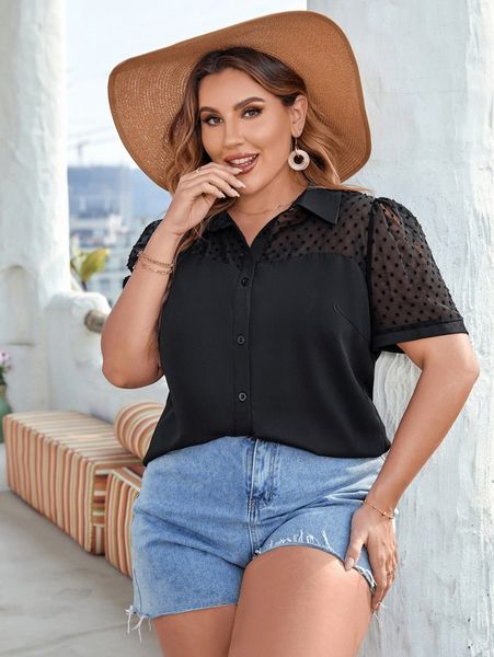 

plus contrast swiss dot puff sleeve blouse v3vy#, Black