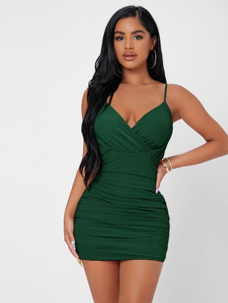 

petite surplice neck ruched mesh bodycon dress q2gk#, Black;gray