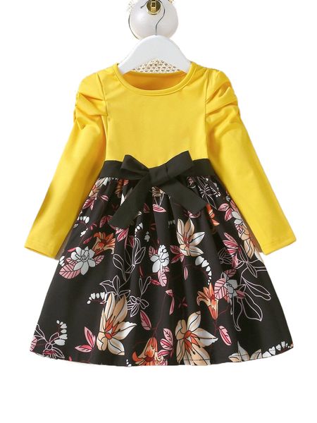 

toddler girls floral print ruched sleeve dress l9tj#, Black;white