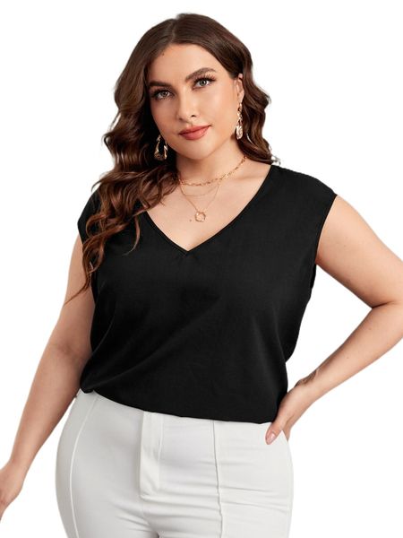 

plus solid v neck blouse k04p#, Black