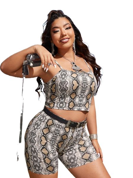 

plus heart & snakeskin print crop cami & shorts without belt n4nc#, Black