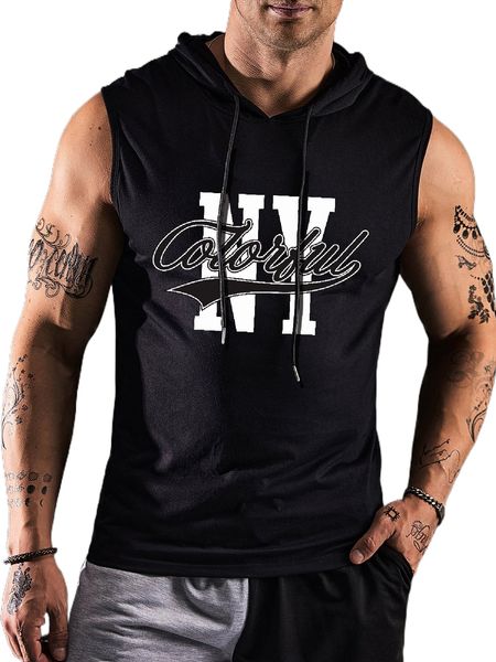 

men letter graphic drawstring hooded tank x1p1#, White;black