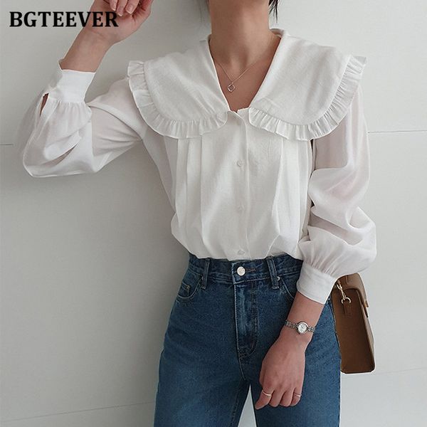 

elegant peter pan collar women shirts blouses full sleeve ruffles loose female 2021 summer ladies blusas, White