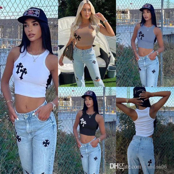 

2022 womens rib vest applique camisole designer pit crop ladies tanks, White