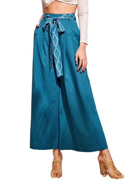 

argyle print belted wide leg pants l1y0#, Black;white