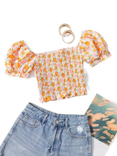 

floral print shirred puff sleeve crop blouse c5tn#, White