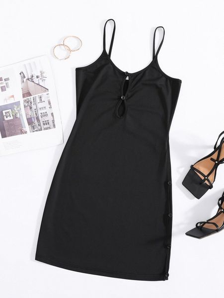 

solid button detail keyhole front cami dress 58vb#, Black;gray