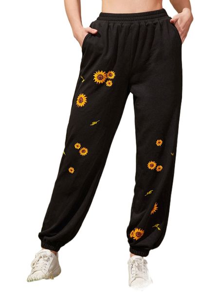 

floral print slant pocket sweatpants o6rc#, Black;white