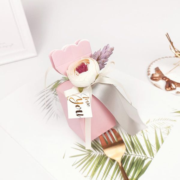 Confezione regalo 25 pezzi / lotto Scatola di caramelle rosa a forma di vaso Fiore romantico Carta di cartone Bomboniera e regali Festa di compleanno SupplConfezione regaloGift