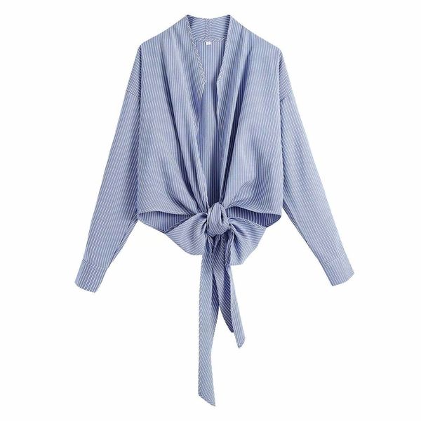

women shirt striped long sleeves elegant fashion woman wrapped tie cropped shirt 210709, White