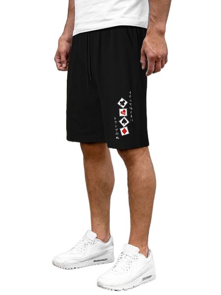 

men japanese letter & playing card print drawstring waist shorts h0p1#, White;black