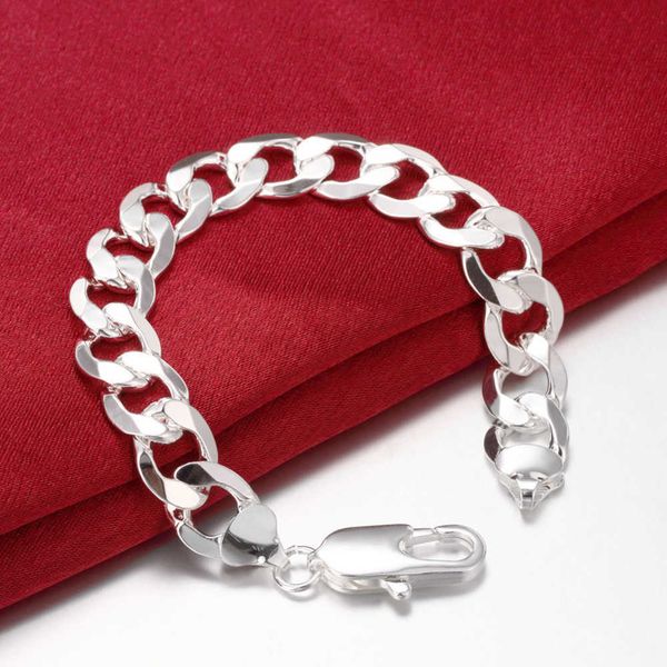 Moda de prata 925 pulseira para homens clássico 12mm lateralmente cadeia de luxo de luxo jóias presentes festa de casamento
