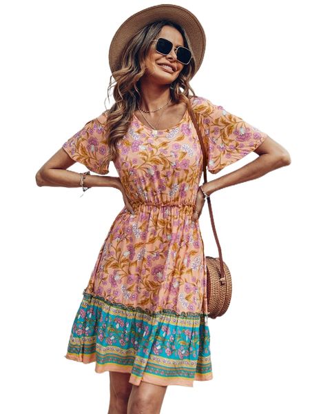 

floral print flutter sleeve ruffle hem dress p8r2#, Black;gray