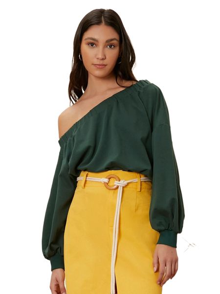 

asymmetrical elastic shoulder bishop sleeve sweatshirt 62fg#, Black