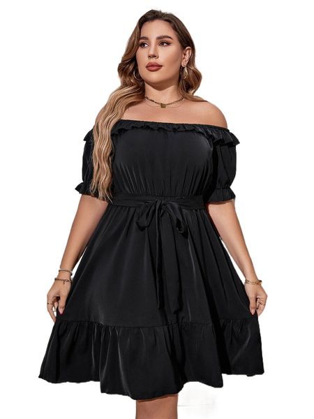 

plus solid off shoulder ruffle hem belted dress 32cp#, Black