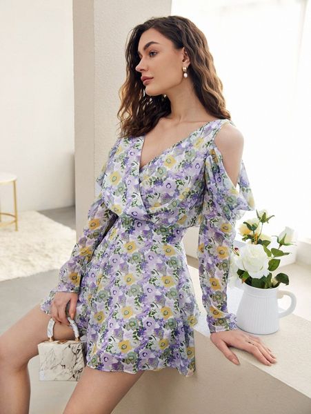 

allover floral print cold shoulder backless knot romper p1ku#, Black;white