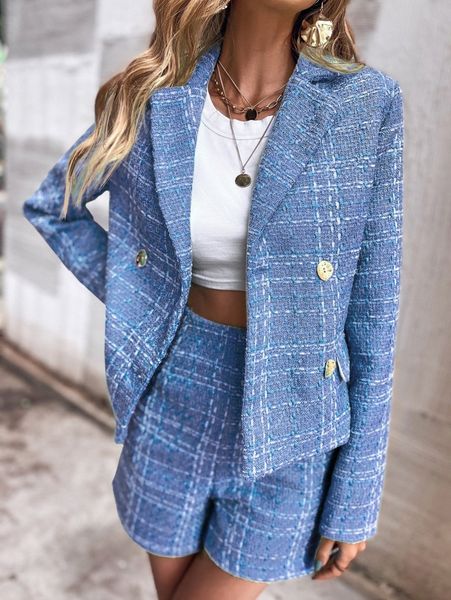 

double breasted flap detail tweed blazer r9xt#, White