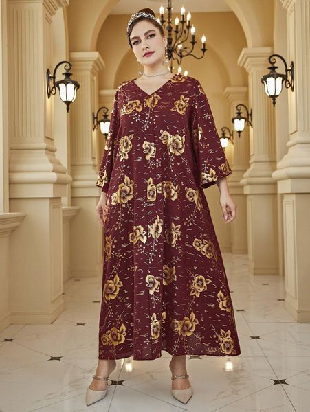 

plus random gold floral print trumpet sleeve tunic dress a0z2#, Black