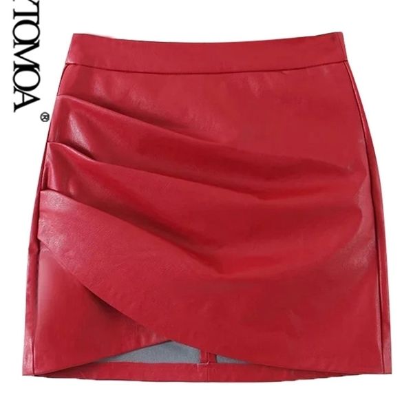 KPytomoa mulheres chique moda faux couro plissado assimétrico mini saia vintage cintura alta volta zíper saias femininas mujer 220401