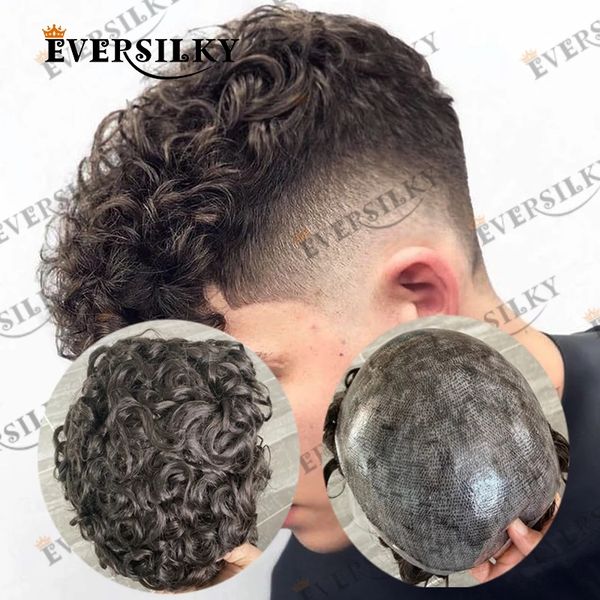 Natrual Hair 20 мм вьющиеся 100% человеческие волосы Toupees Тонкая кожа Toupee для мужчин Full Pu Men Toupeess System Black Color 8x10 Полная машина сделана