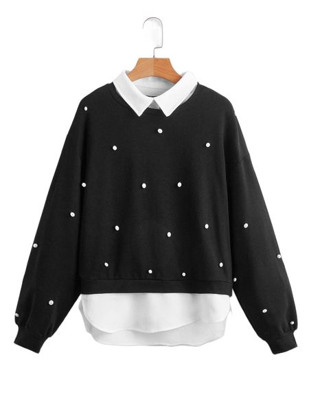 

drop shoulder pearls beaded 2 in 1 pullover u9vf#, Black