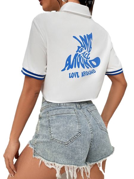 

letter graphic striped trim shirt t6dp#, White