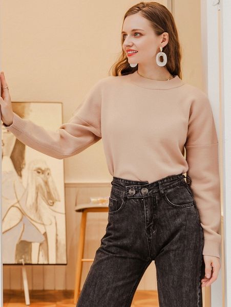 

simplee drop shoulder solid sweater u72i#, White;black