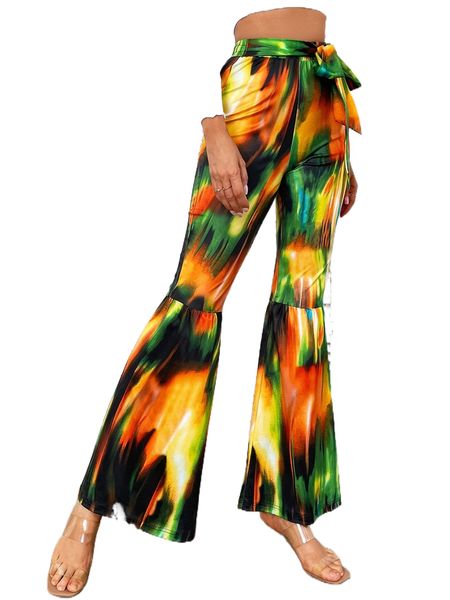 

tie dye knot front flare leg pants x1b3#, Black;white