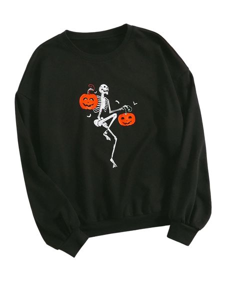 

halloween print drop shoulder pullover 86c8#, Black