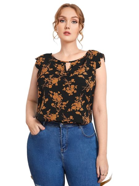 

plus keyhole neck scallop trim floral e5lo#, Black