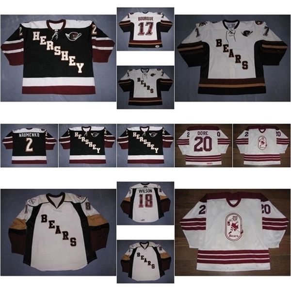 

c26 nik1 new 2 nick naumenko mens womens kids ahl hershey bears 18 kyle wilson 20 andre dore 100% embroidery custom hockey jerseys goalit cu, Black
