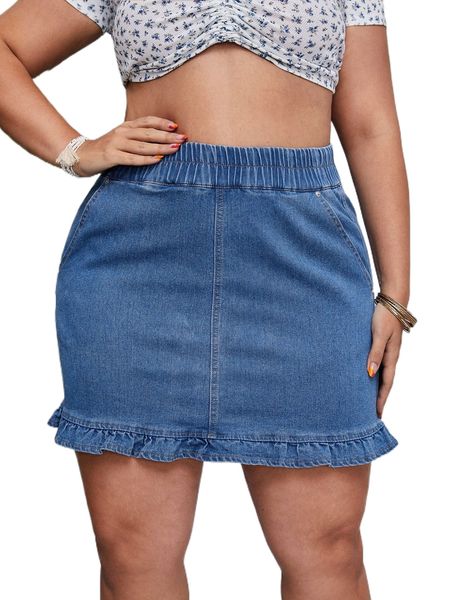 

plus elastic waist ruffle hem denim skirt v3vc#, Black