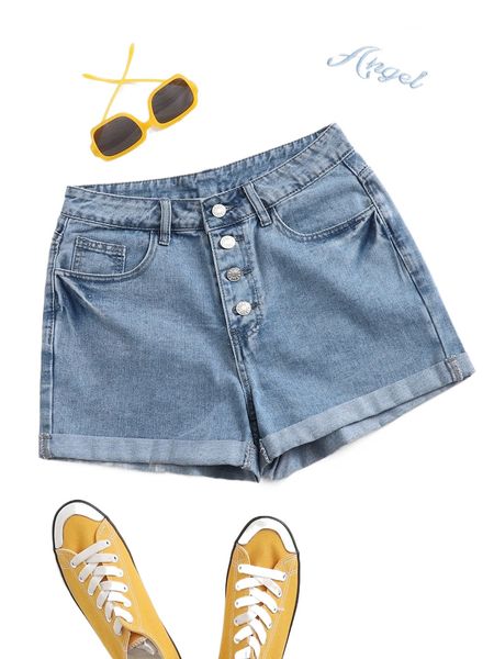 

buttoned front rolled hem denim shorts 16et#, White;black