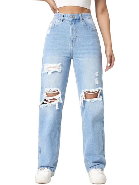 

high waist ripped straight leg jeans s0if#, Blue