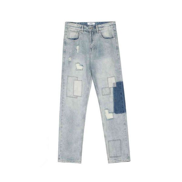 

2021 kpop hole ripped patch washed men slim pencil jeans trousers distressed korean casual women vintage denim pants ropa hombre t220803, Blue