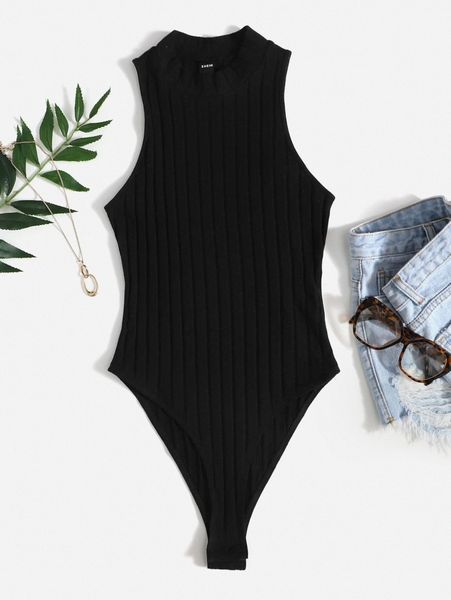 

plus ribbed knit bodysuit t9a6#, Black