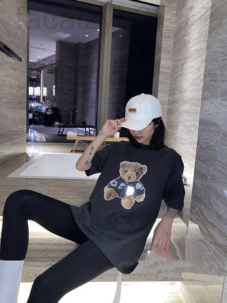 

women's t-shirt designer we11done summer new luminous cowboy bear print t-shirt for men and women casual, comfortable loose, White